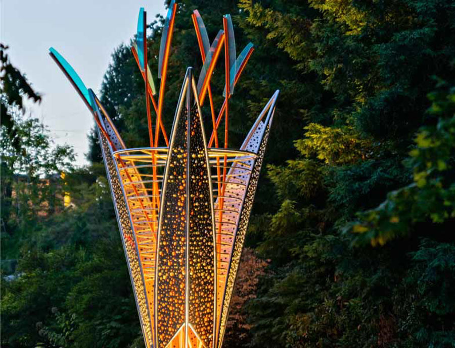 Polished Stainless Steel Sculpture "Flourish" Creates Gateway Into the City of Lake Oswego